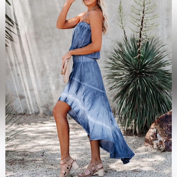 Storia Blue White Tue Dye High Low Strapless Dress Size Small Resortwear Beach - Picture 1 of 6